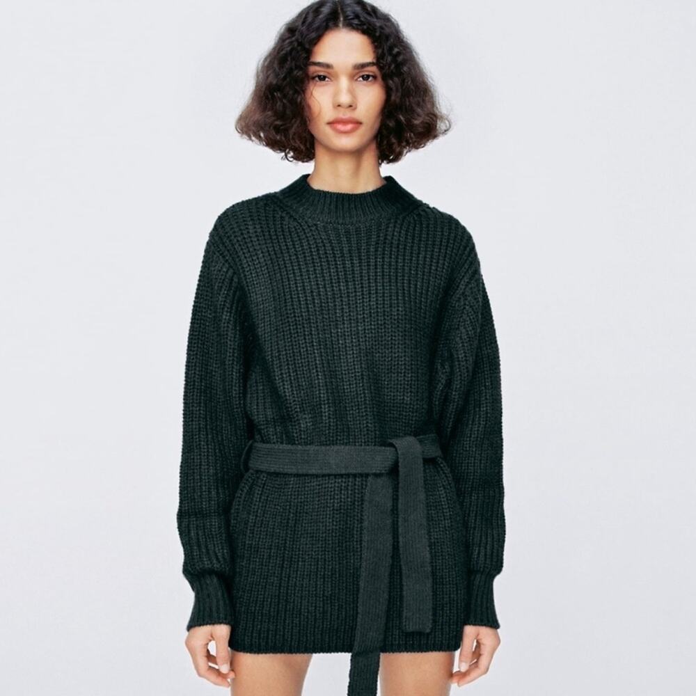 NWT Zara Dark Grey Belted Chunky Sweater Tunic Mock Neck Oversized Size Small
